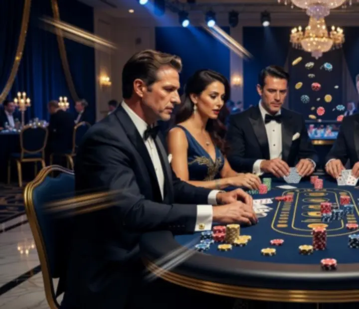 Goście bawiący się podczas eleganckiego wieczoru casino i koktajl party