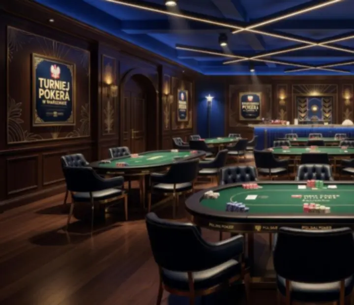 Profesjonalna scenografia pokerowa z oświetleniem i stołami w stylu Las Vegas