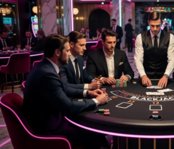 Stół do blackjacka z neonowym oświetleniem na przyjęciu kasynowym